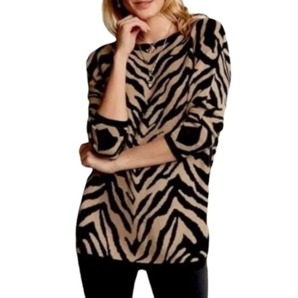 NWOT CAbi Dani Pullover #3884 Brown Black Zebra Dazzle Stripe Size Medium
